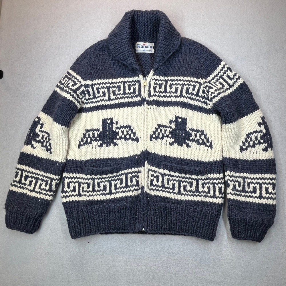 Vintage Kanata Cowichan Sweater Thunderbird 100% Wool Canada Full Zip